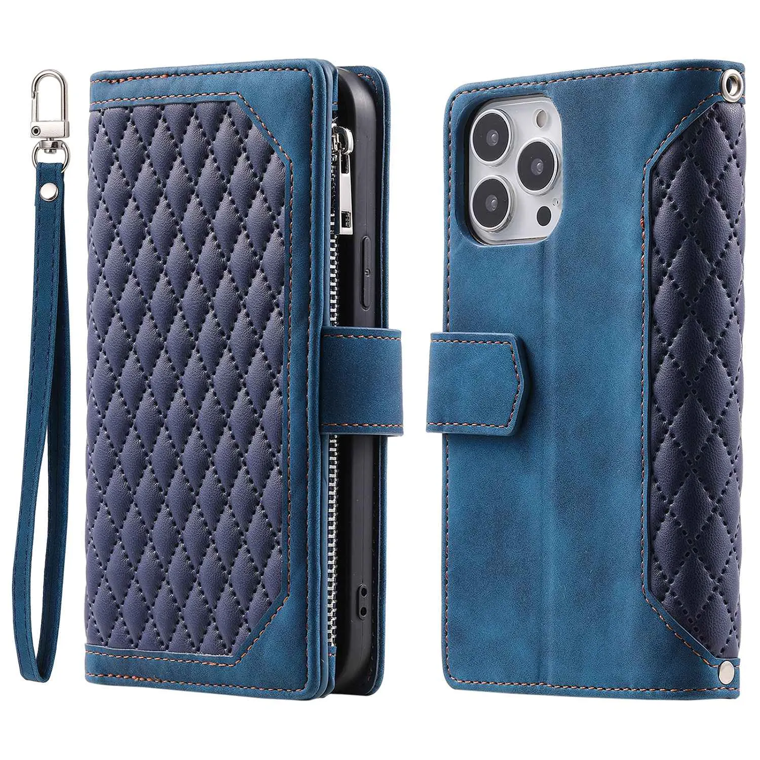 005 Mobile Phone Cover for iPhone 14 Pro Max 6.7 inch, Handy Strap Rhombus Grid Textured PU Leather Zipper Pocket Stand Wallet Case