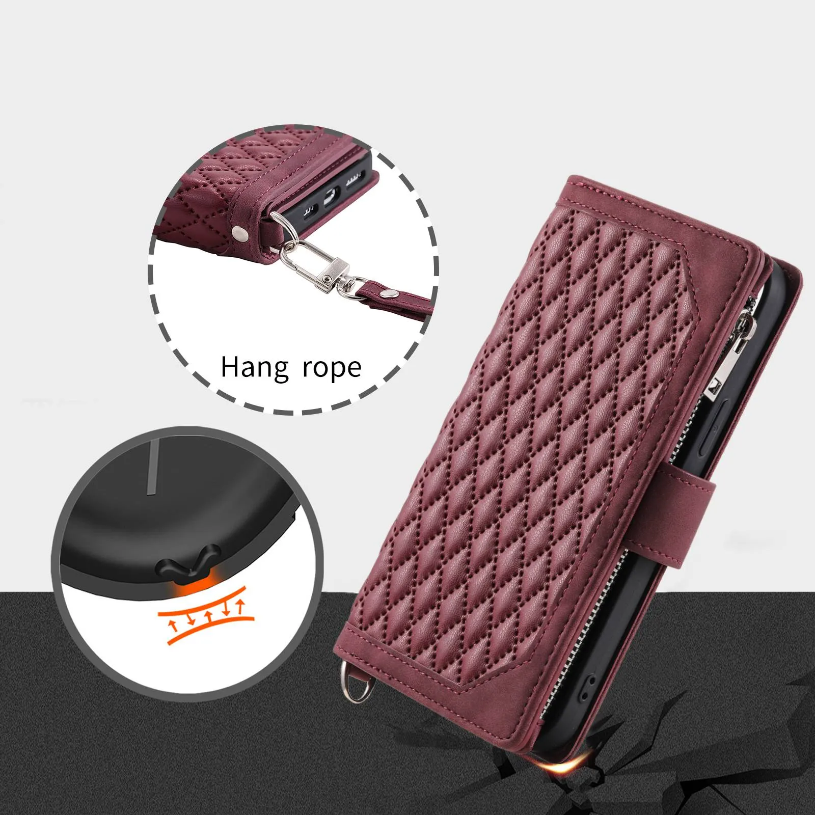 005 Mobile Phone Cover for iPhone 14 Pro Max 6.7 inch, Handy Strap Rhombus Grid Textured PU Leather Zipper Pocket Stand Wallet Case