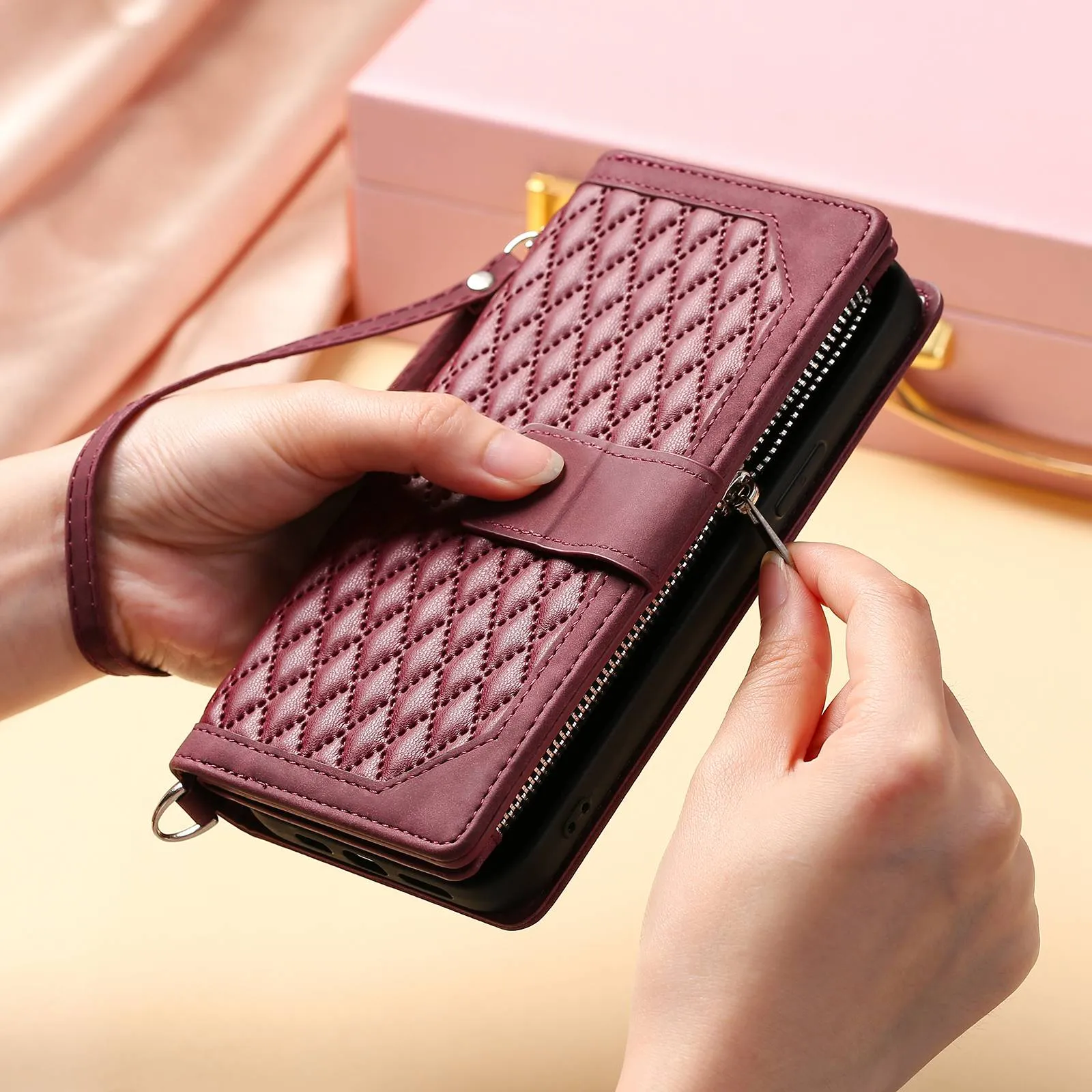 005 Mobile Phone Cover for iPhone 14 Pro Max 6.7 inch, Handy Strap Rhombus Grid Textured PU Leather Zipper Pocket Stand Wallet Case