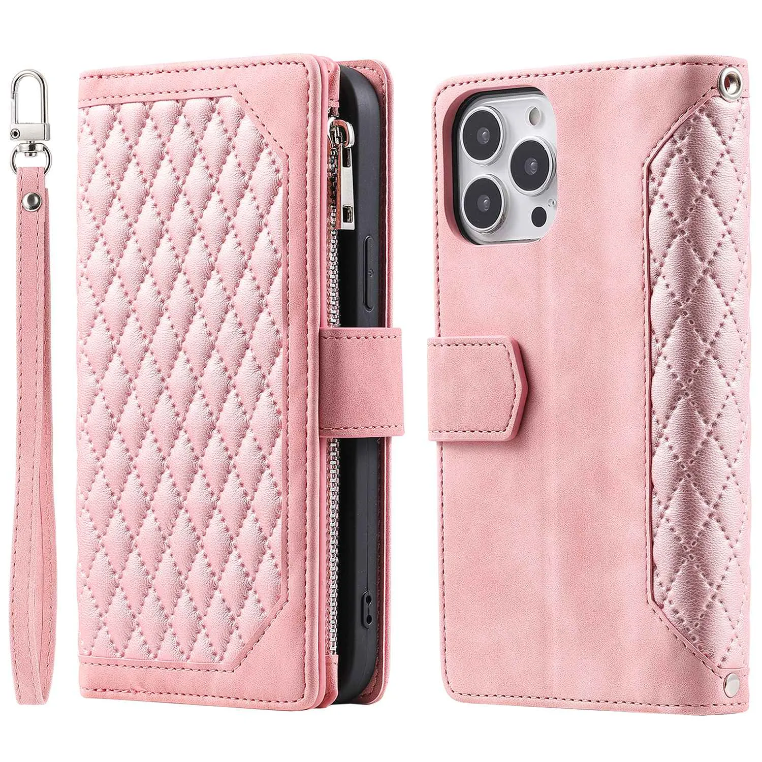 005 Mobile Phone Cover for iPhone 14 Pro Max 6.7 inch, Handy Strap Rhombus Grid Textured PU Leather Zipper Pocket Stand Wallet Case