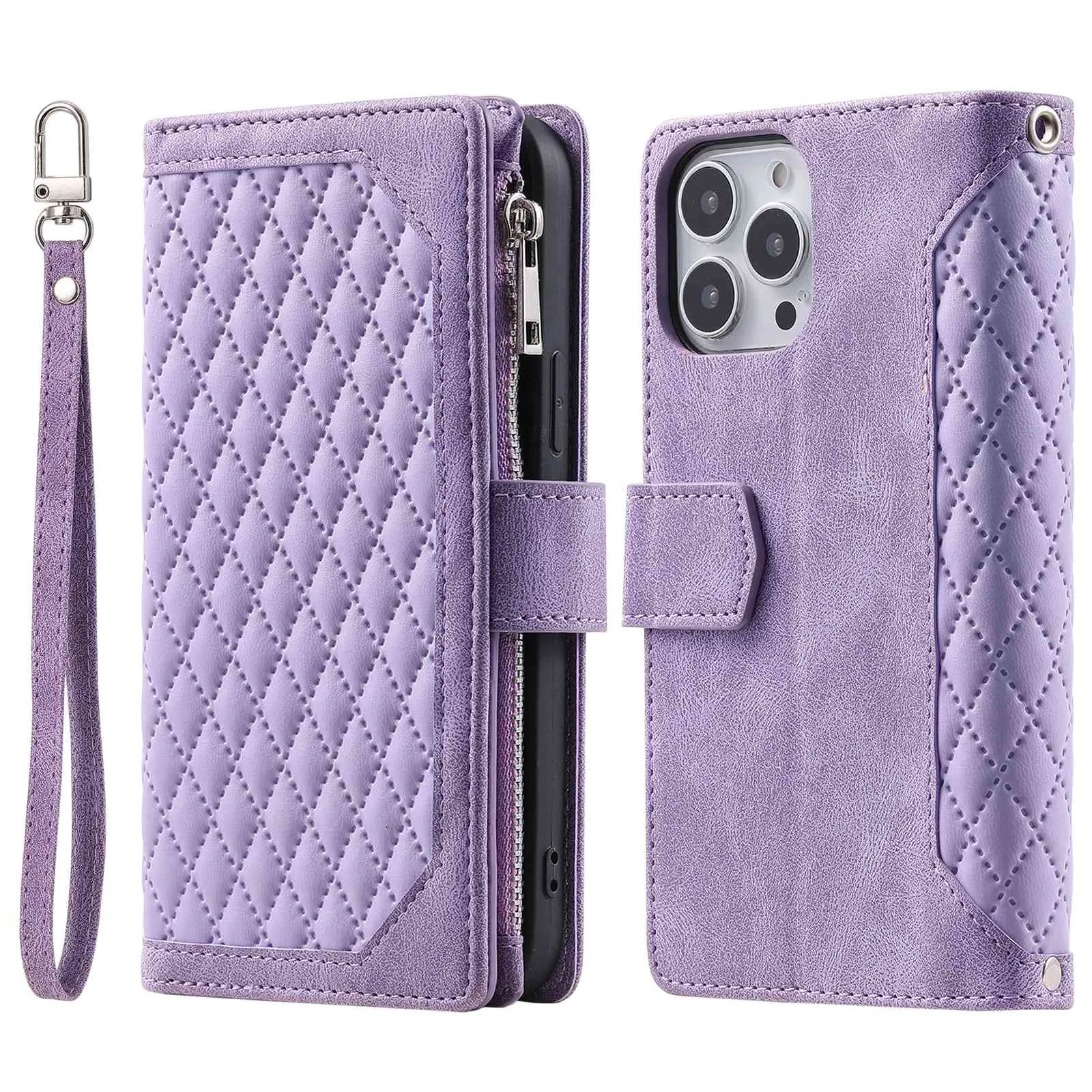 005 Mobile Phone Cover for iPhone 14 Pro Max 6.7 inch, Handy Strap Rhombus Grid Textured PU Leather Zipper Pocket Stand Wallet Case