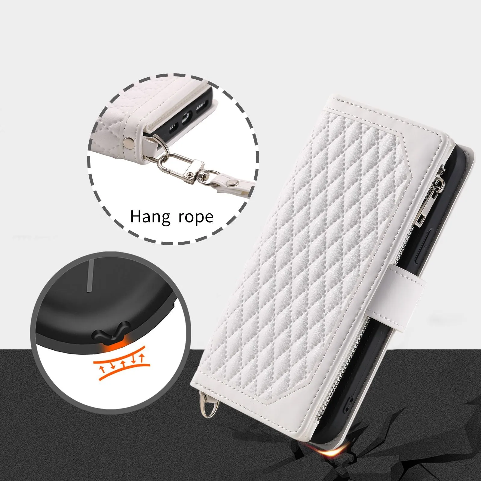 005 Mobile Phone Cover for iPhone 14 Pro Max 6.7 inch, Handy Strap Rhombus Grid Textured PU Leather Zipper Pocket Stand Wallet Case