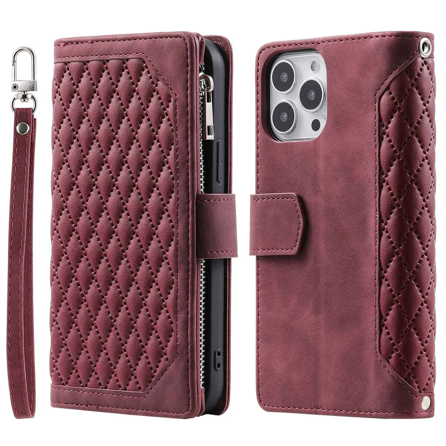 005 Mobile Phone Cover for iPhone 14 Pro Max 6.7 inch, Handy Strap Rhombus Grid Textured PU Leather Zipper Pocket Stand Wallet Case