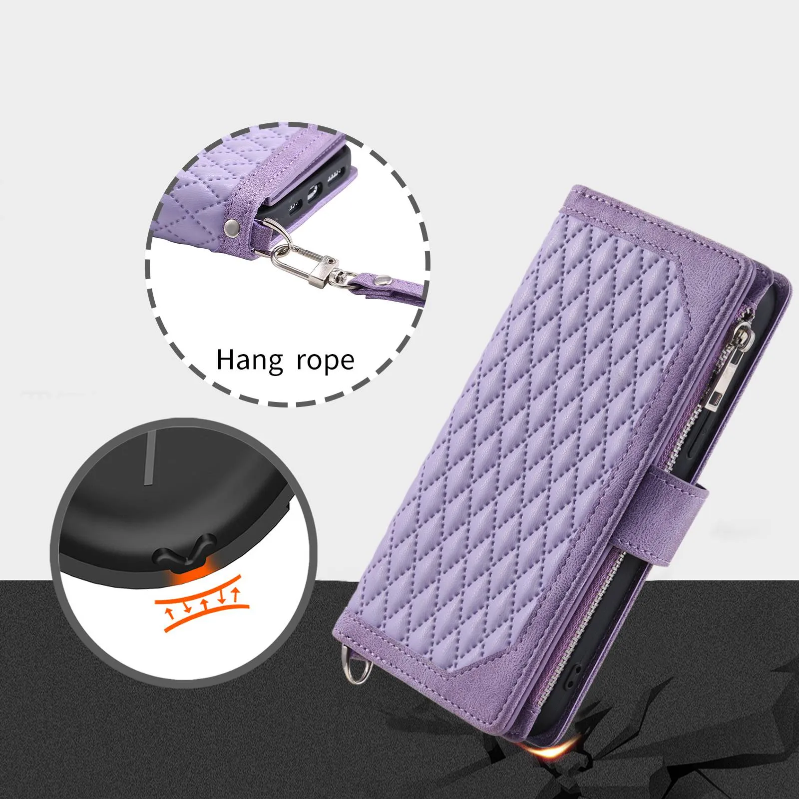 005 Mobile Phone Cover for iPhone 14 Pro Max 6.7 inch, Handy Strap Rhombus Grid Textured PU Leather Zipper Pocket Stand Wallet Case