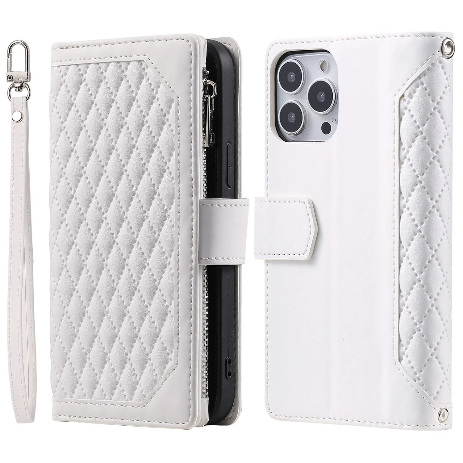 005 Mobile Phone Cover for iPhone 14 Pro Max 6.7 inch, Handy Strap Rhombus Grid Textured PU Leather Zipper Pocket Stand Wallet Case