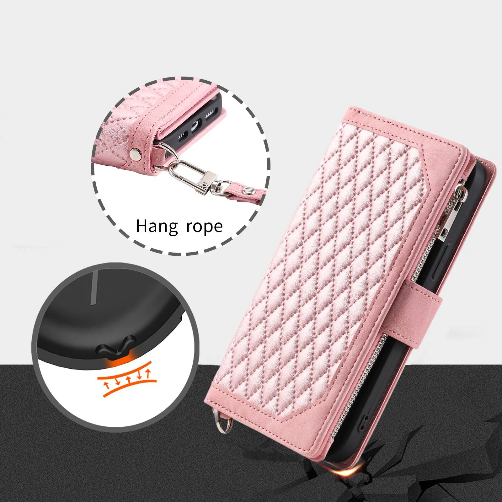 005 Mobile Phone Cover for iPhone 14 Pro Max 6.7 inch, Handy Strap Rhombus Grid Textured PU Leather Zipper Pocket Stand Wallet Case