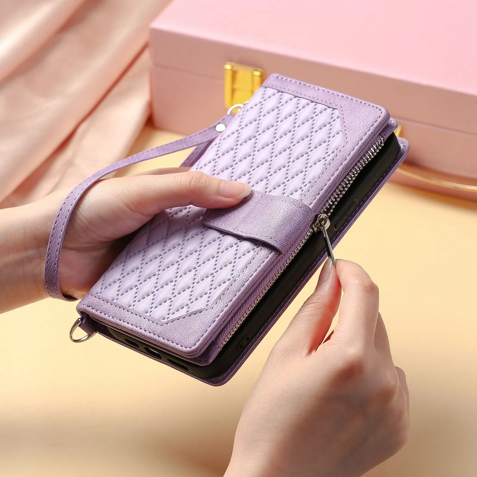 005 Mobile Phone Cover for iPhone 14 Pro Max 6.7 inch, Handy Strap Rhombus Grid Textured PU Leather Zipper Pocket Stand Wallet Case