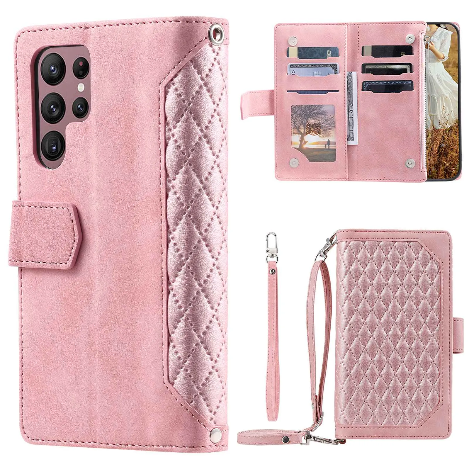 005 Style For Samsung Galaxy S22 Ultra 5G, Shockproof Phone Wallet Cover Zipper Pocket Anti-wear Case Rhombus Texture PU Leather Shell Stand with Strap Card Holder