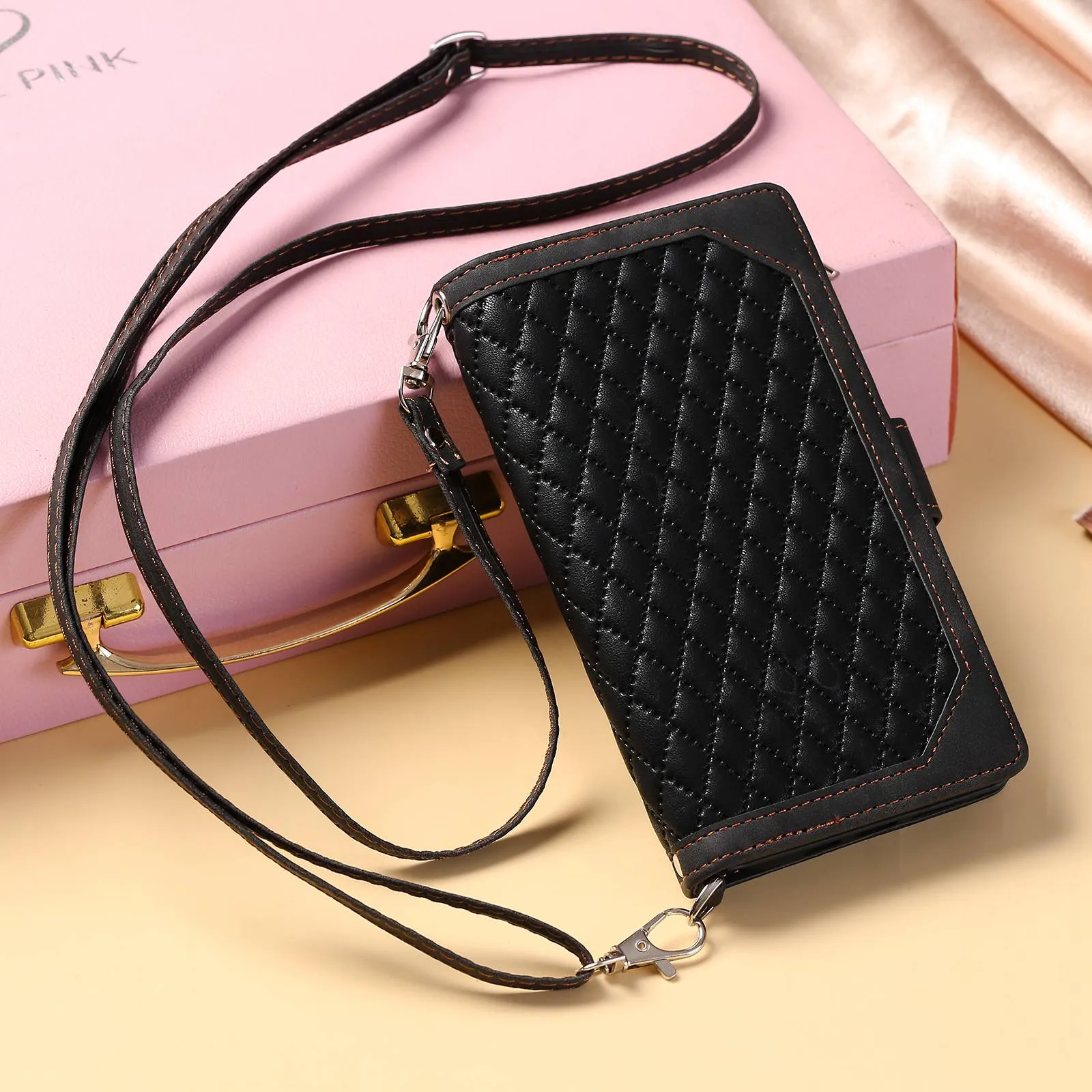 005 Style For Samsung Galaxy S22 Ultra 5G, Shockproof Phone Wallet Cover Zipper Pocket Anti-wear Case Rhombus Texture PU Leather Shell Stand with Strap Card Holder