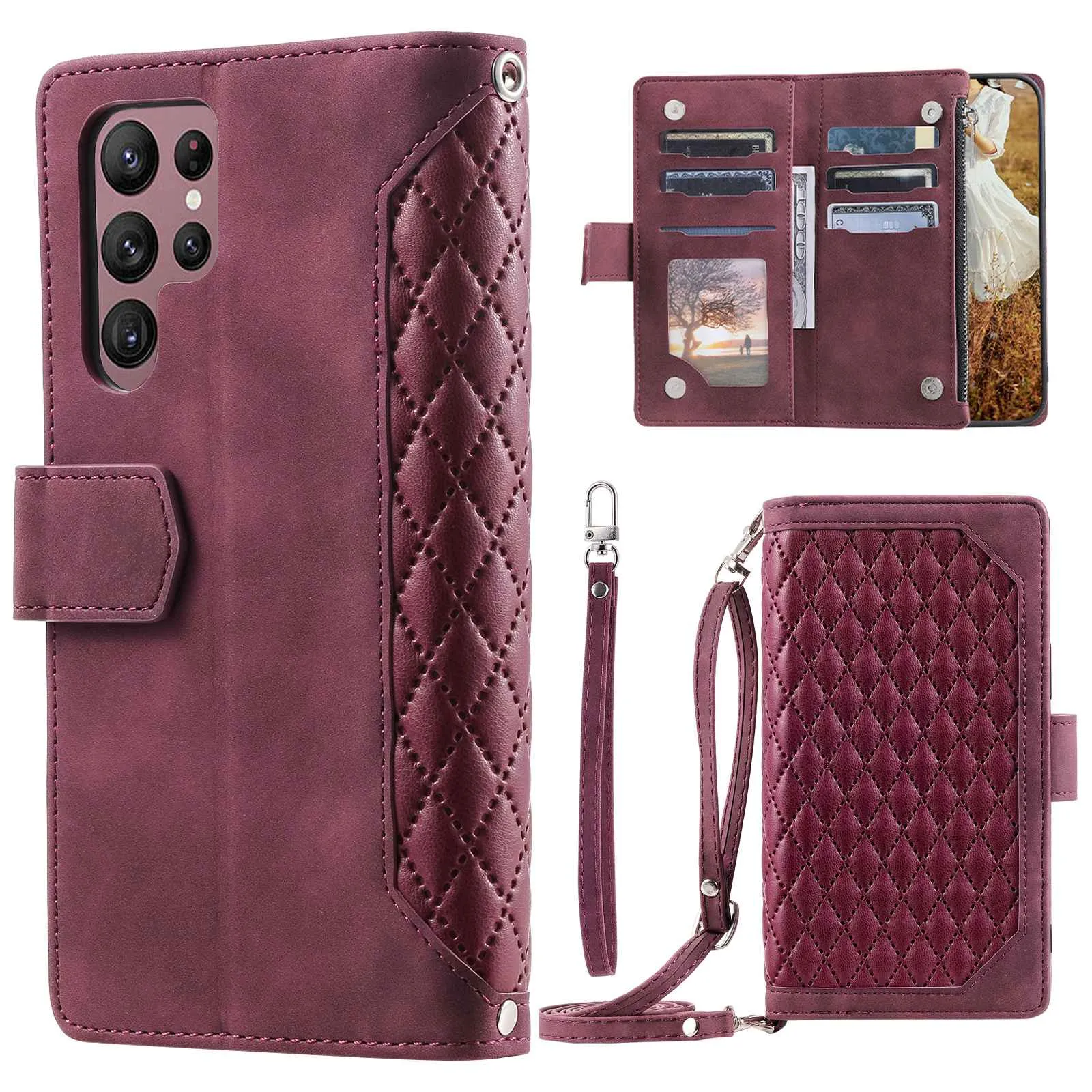 005 Style For Samsung Galaxy S22 Ultra 5G, Shockproof Phone Wallet Cover Zipper Pocket Anti-wear Case Rhombus Texture PU Leather Shell Stand with Strap Card Holder