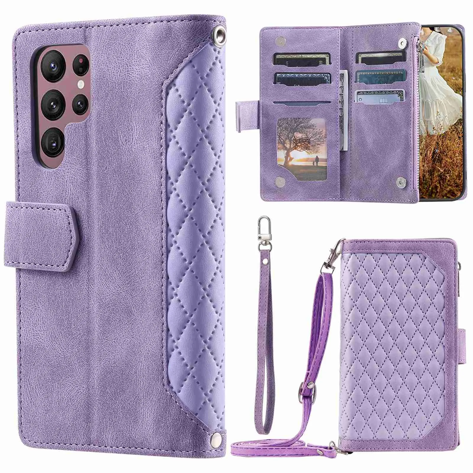 005 Style For Samsung Galaxy S22 Ultra 5G, Shockproof Phone Wallet Cover Zipper Pocket Anti-wear Case Rhombus Texture PU Leather Shell Stand with Strap Card Holder