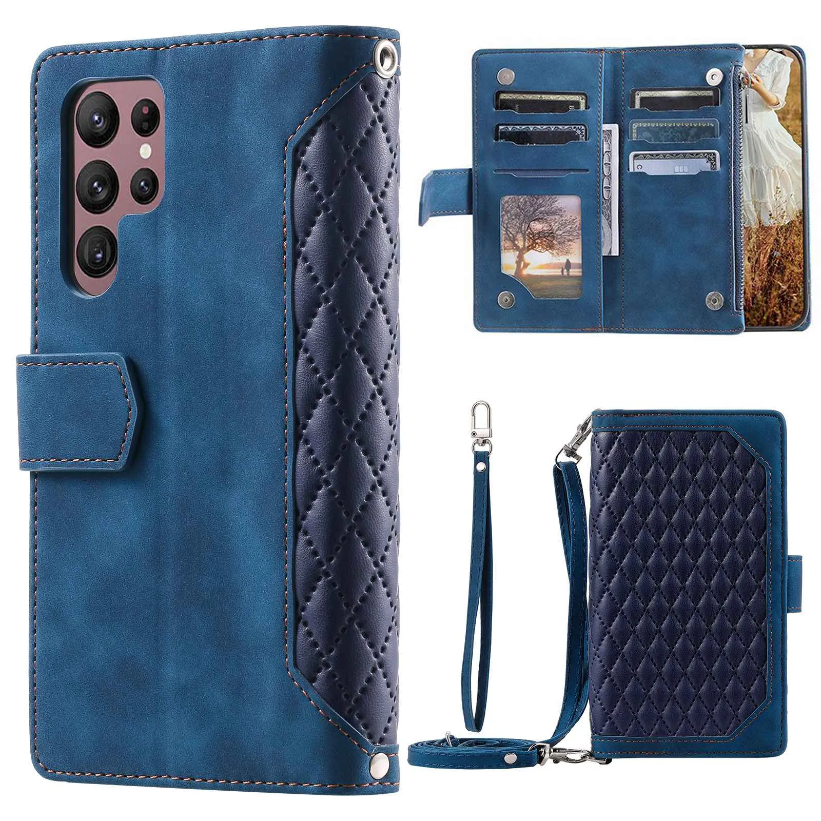 005 Style For Samsung Galaxy S22 Ultra 5G, Shockproof Phone Wallet Cover Zipper Pocket Anti-wear Case Rhombus Texture PU Leather Shell Stand with Strap Card Holder