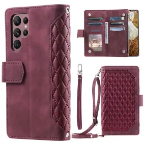 005 Style For Samsung Galaxy S22 Ultra 5G, Shockproof Phone Wallet Cover Zipper Pocket Anti-wear Case Rhombus Texture PU Leather Shell Stand with Strap Card Holder