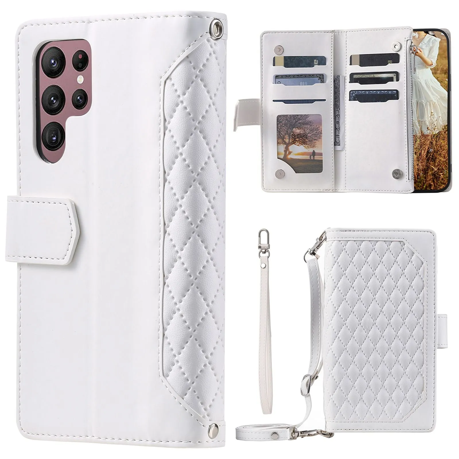 005 Style For Samsung Galaxy S22 Ultra 5G, Shockproof Phone Wallet Cover Zipper Pocket Anti-wear Case Rhombus Texture PU Leather Shell Stand with Strap Card Holder