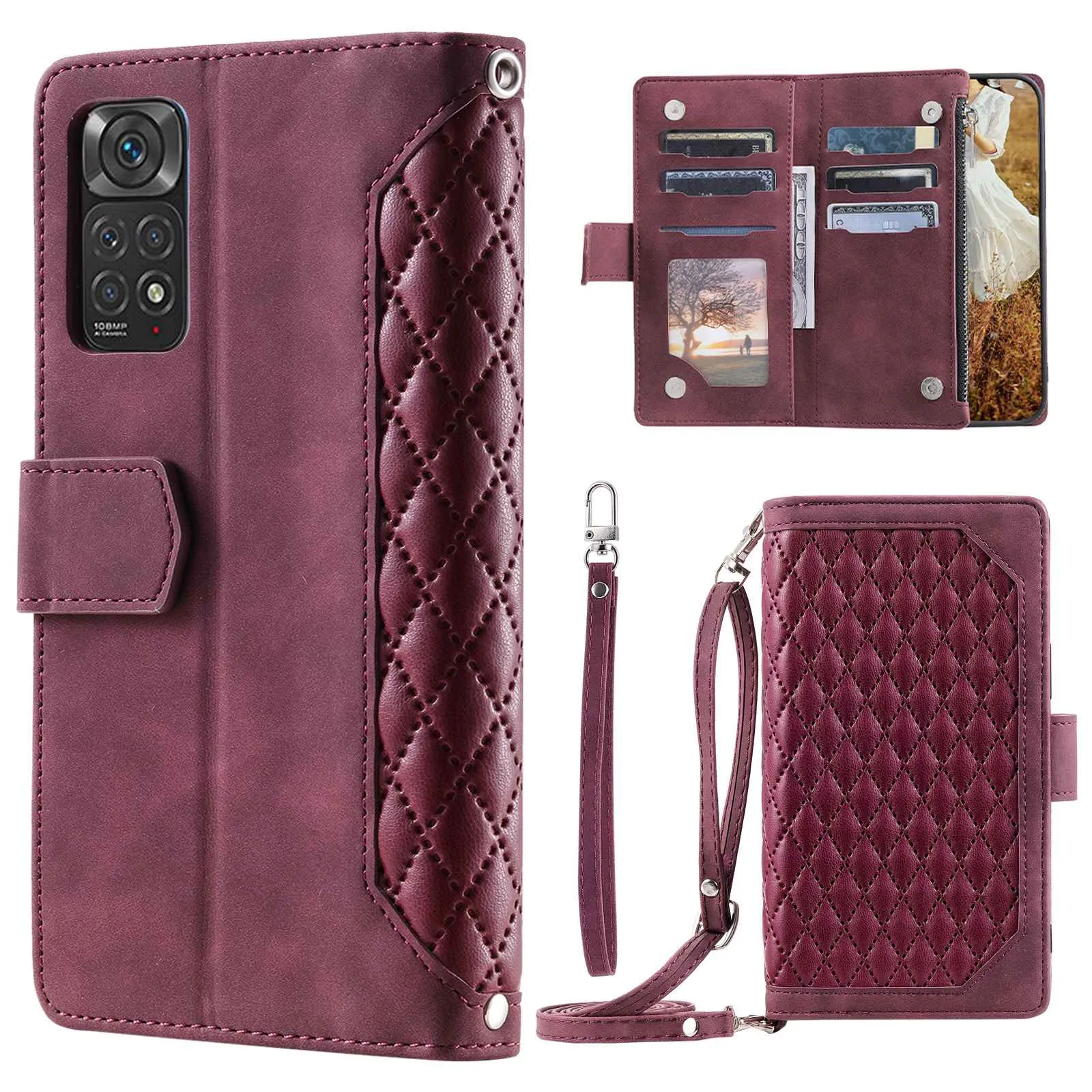 005 Style Phone Case for Xiaomi Redmi Note 11S 4G / Note 11 4G (Qualcomm), Leather Rhombus Texture Full Body Protection Stand Wallet Feature Cover with Zipper Pocket