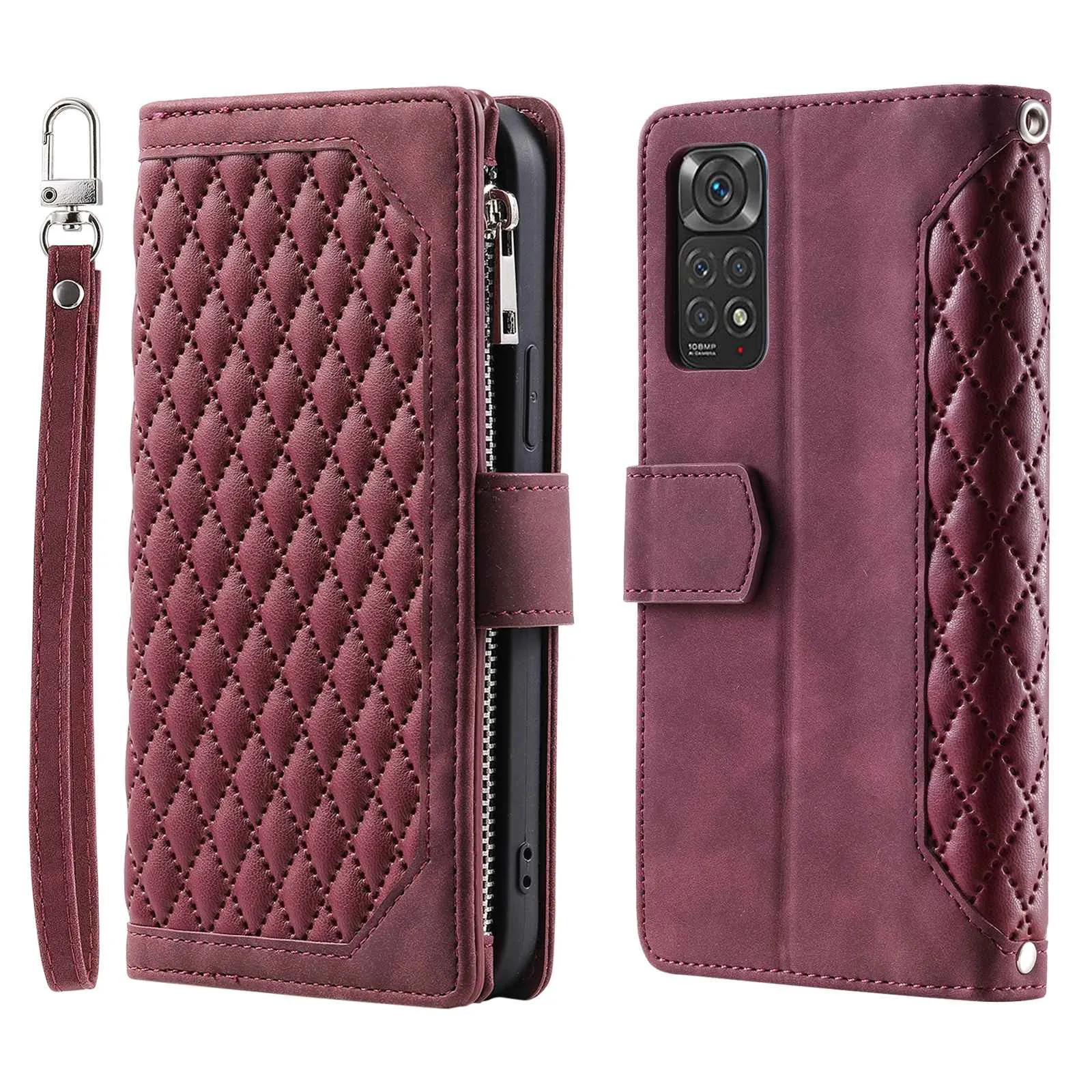 005 Style Smartphone Cover for Xiaomi Redmi Note 11 4G (Qualcomm) / Note 11S 4G, Rhombus Texture PU Leather Zipper Pocket Stand Wallet Case with Strap