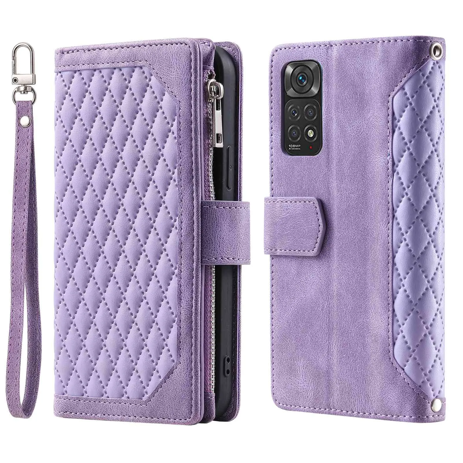 005 Style Smartphone Cover for Xiaomi Redmi Note 11 4G (Qualcomm) / Note 11S 4G, Rhombus Texture PU Leather Zipper Pocket Stand Wallet Case with Strap