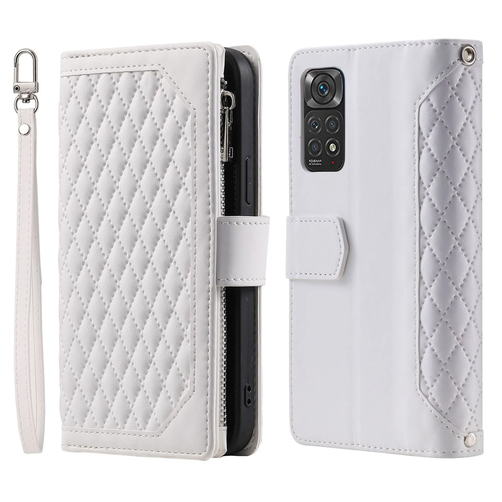 005 Style Smartphone Cover for Xiaomi Redmi Note 11 4G (Qualcomm) / Note 11S 4G, Rhombus Texture PU Leather Zipper Pocket Stand Wallet Case with Strap