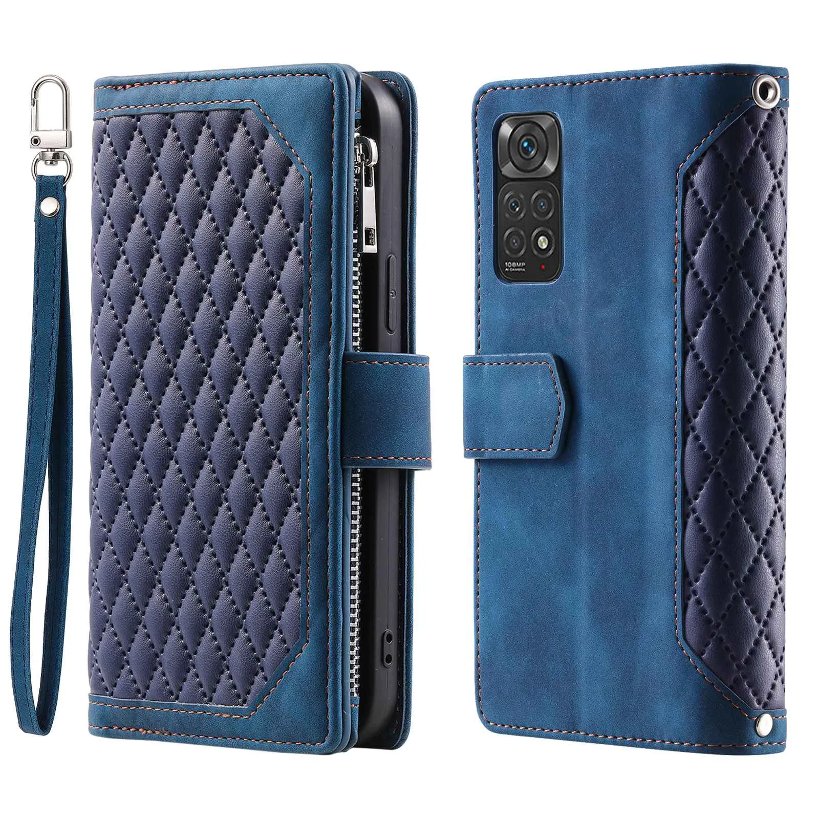 005 Style Smartphone Cover for Xiaomi Redmi Note 11 4G (Qualcomm) / Note 11S 4G, Rhombus Texture PU Leather Zipper Pocket Stand Wallet Case with Strap