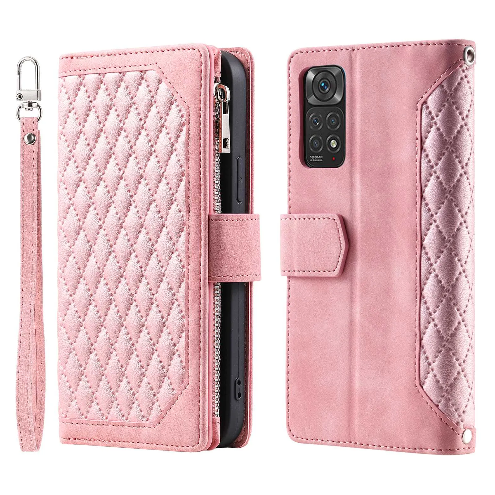 005 Style Smartphone Cover for Xiaomi Redmi Note 11 4G (Qualcomm) / Note 11S 4G, Rhombus Texture PU Leather Zipper Pocket Stand Wallet Case with Strap