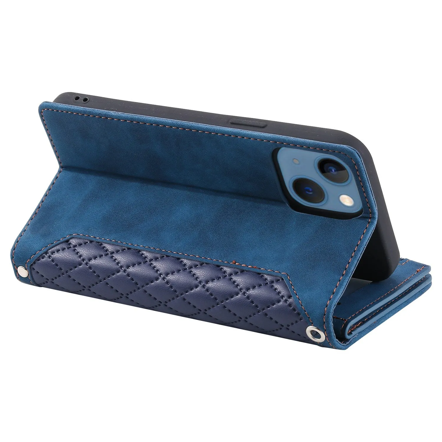 005 Style Wallet Rhombus Texture Case for iPhone 13 6.1 inch, Zipper Pocket PU Leather Phone Stand Cover with Wrist Strap