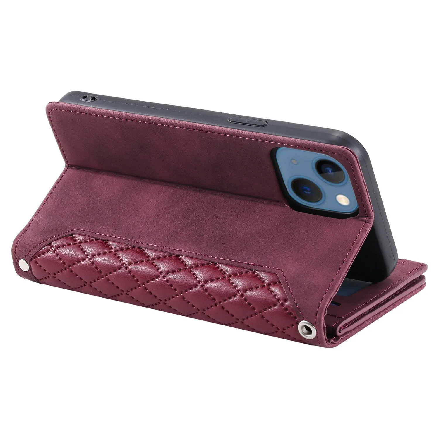 005 Style Wallet Rhombus Texture Case for iPhone 13 6.1 inch, Zipper Pocket PU Leather Phone Stand Cover with Wrist Strap