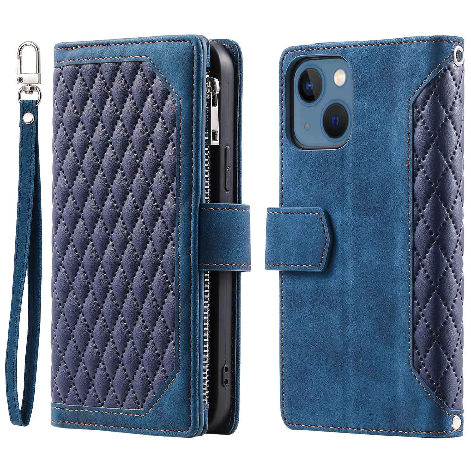 005 Style Wallet Rhombus Texture Case for iPhone 13 6.1 inch, Zipper Pocket PU Leather Phone Stand Cover with Wrist Strap