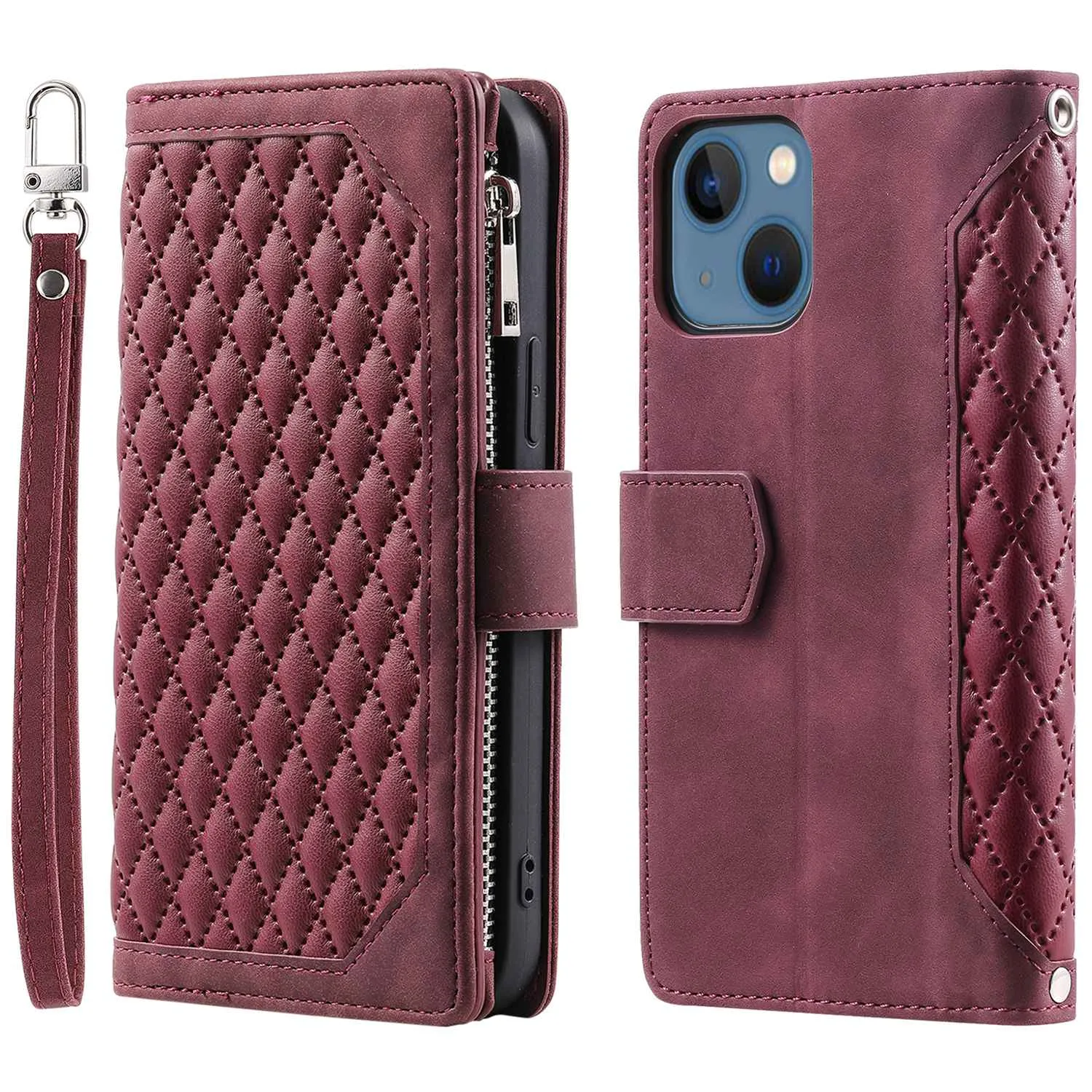 005 Style Wallet Rhombus Texture Case for iPhone 13 6.1 inch, Zipper Pocket PU Leather Phone Stand Cover with Wrist Strap