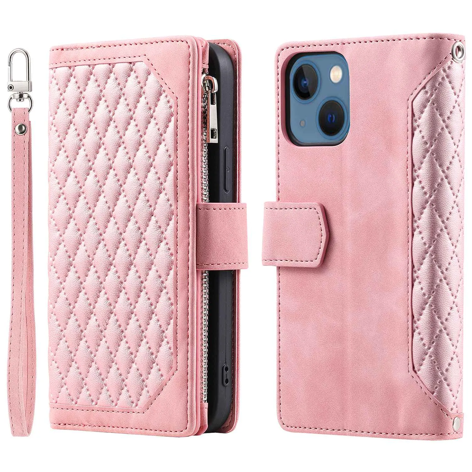 005 Style Wallet Rhombus Texture Case for iPhone 13 6.1 inch, Zipper Pocket PU Leather Phone Stand Cover with Wrist Strap