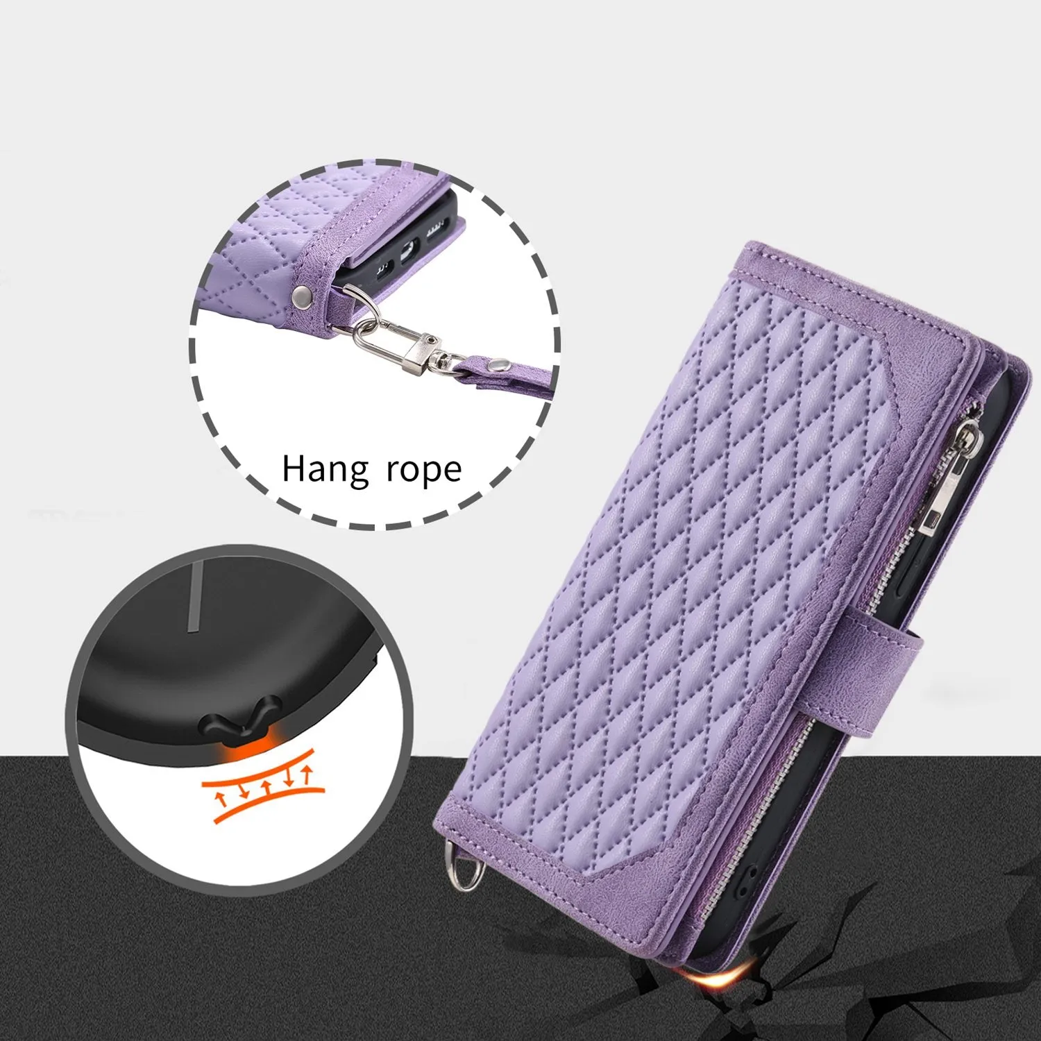 005 Style Wallet Rhombus Texture Case for iPhone 13 6.1 inch, Zipper Pocket PU Leather Phone Stand Cover with Wrist Strap