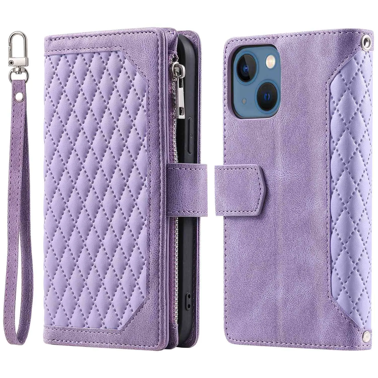 005 Style Wallet Rhombus Texture Case for iPhone 13 6.1 inch, Zipper Pocket PU Leather Phone Stand Cover with Wrist Strap