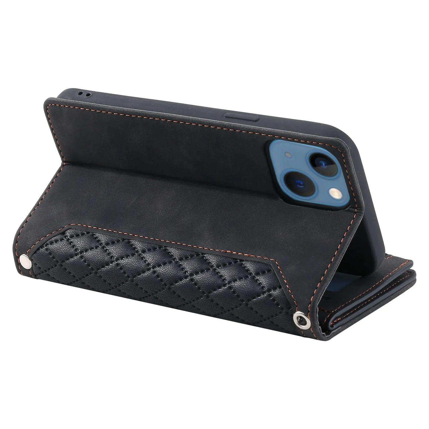 005 Style Wallet Rhombus Texture Case for iPhone 13 6.1 inch, Zipper Pocket PU Leather Phone Stand Cover with Wrist Strap