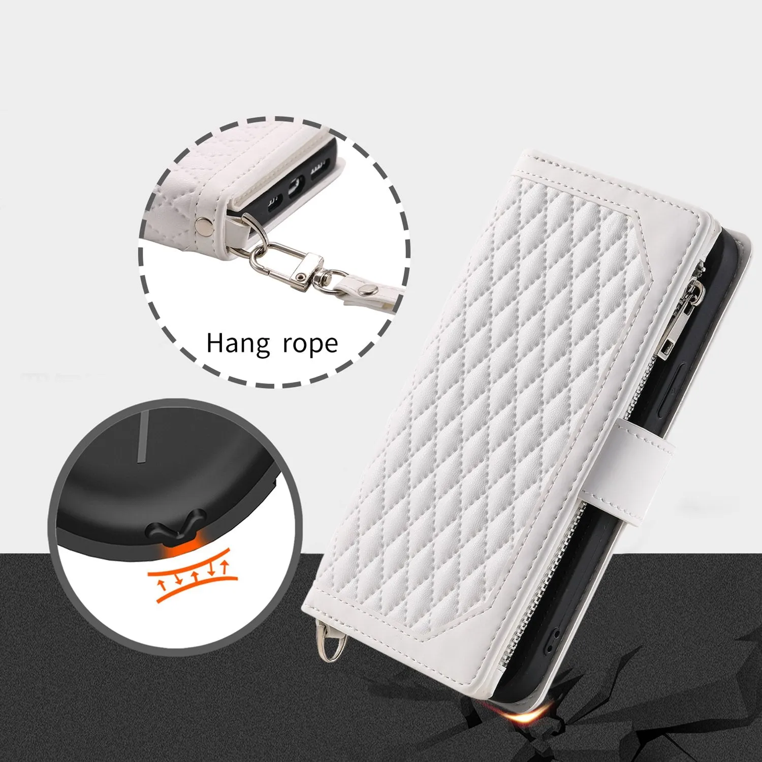 005 Style Wallet Rhombus Texture Case for iPhone 13 6.1 inch, Zipper Pocket PU Leather Phone Stand Cover with Wrist Strap