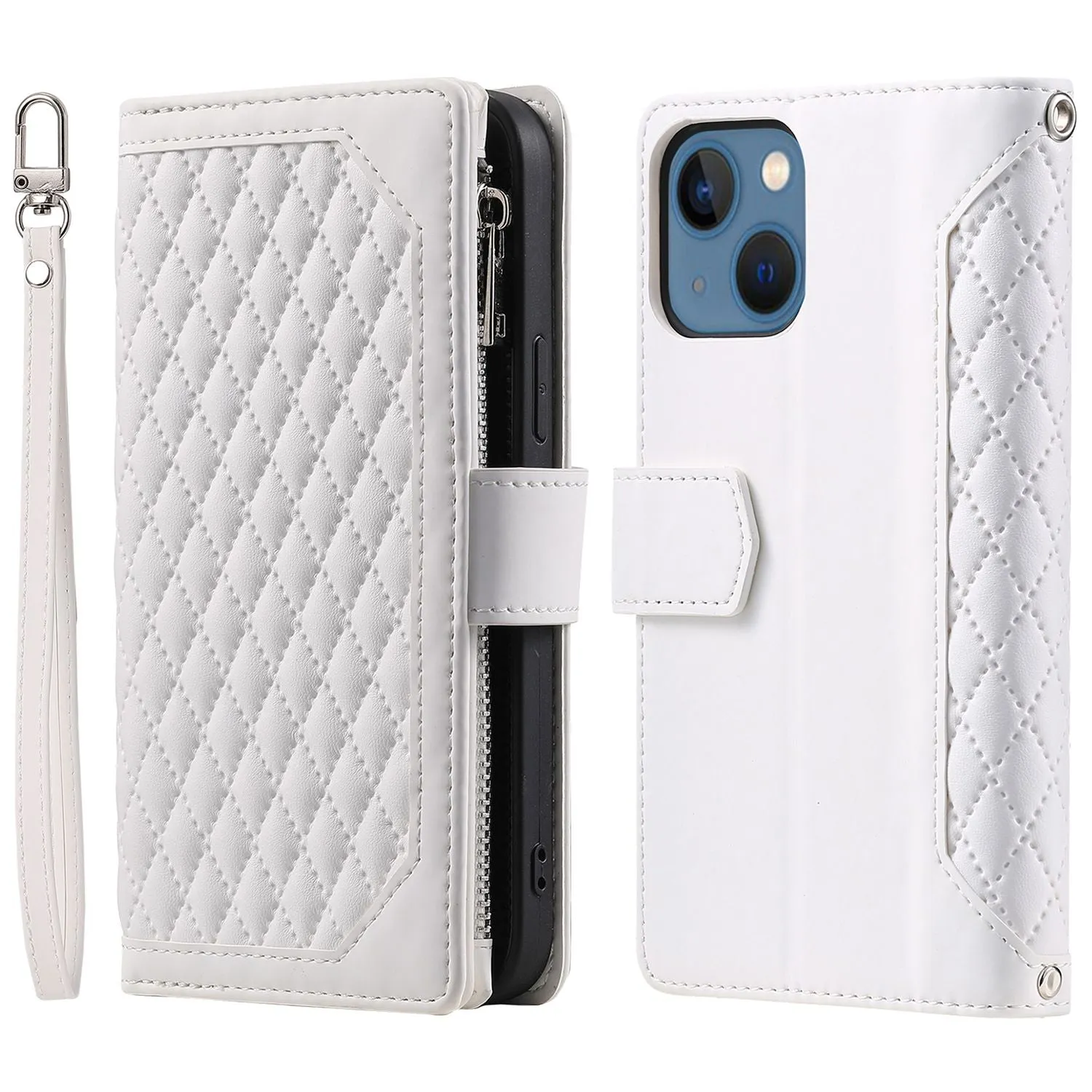 005 Style Wallet Rhombus Texture Case for iPhone 13 6.1 inch, Zipper Pocket PU Leather Phone Stand Cover with Wrist Strap