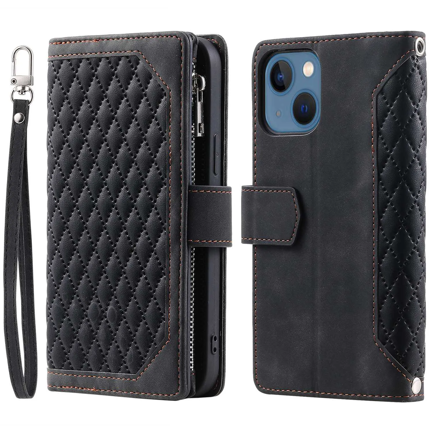 005 Style Wallet Rhombus Texture Case for iPhone 13 6.1 inch, Zipper Pocket PU Leather Phone Stand Cover with Wrist Strap