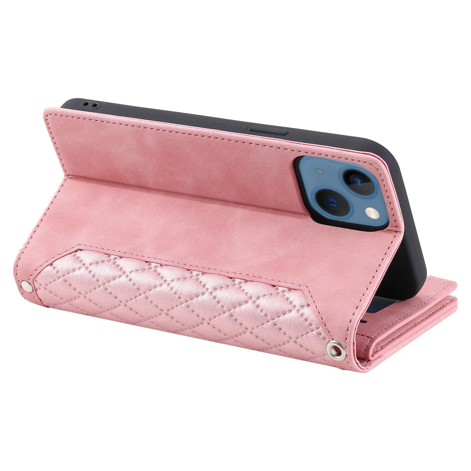 005 Style Wallet Rhombus Texture Case for iPhone 13 6.1 inch, Zipper Pocket PU Leather Phone Stand Cover with Wrist Strap