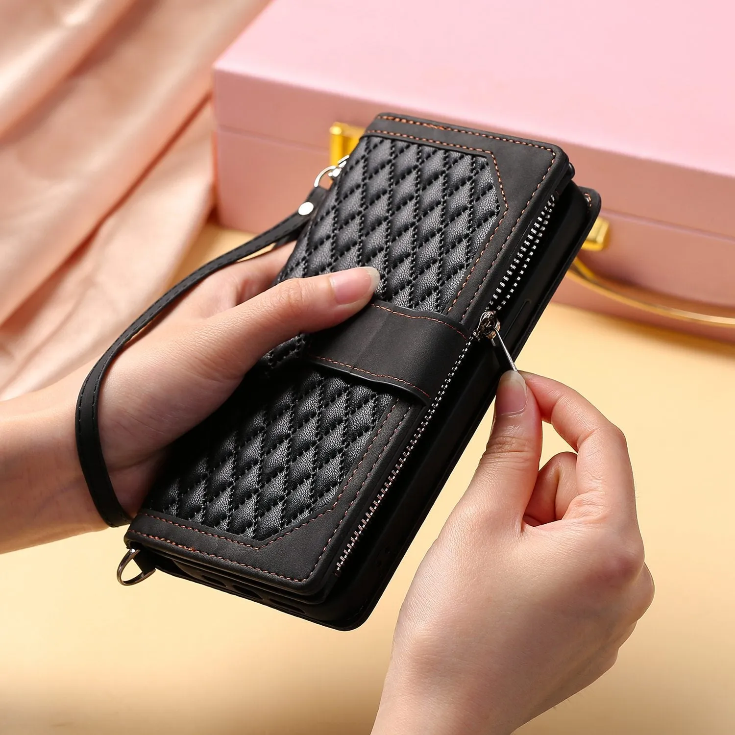 005 Style Wallet Rhombus Texture Case for iPhone 13 6.1 inch, Zipper Pocket PU Leather Phone Stand Cover with Wrist Strap