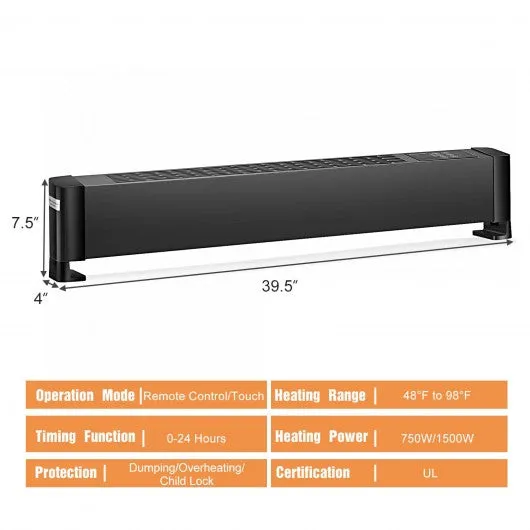 1500W Baseboard Hardwire Electric Heater Fast Heating with Remote Control Timer