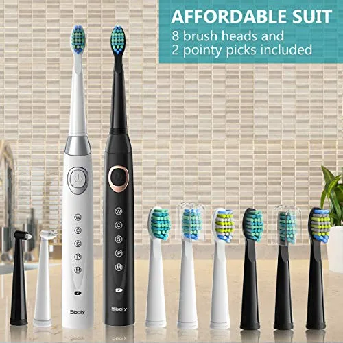 2 Sonic Electric Toothbrushes 5 Modes 8 Brush Heads USB Fast Charge Powered Toothbrush Last for 30 Days, Built-in Smart Timer Rechargeable Toothbrushes for Adults and Kids (1 Black and 1 White)