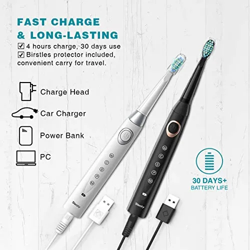 2 Sonic Electric Toothbrushes 5 Modes 8 Brush Heads USB Fast Charge Powered Toothbrush Last for 30 Days, Built-in Smart Timer Rechargeable Toothbrushes for Adults and Kids (1 Black and 1 White)