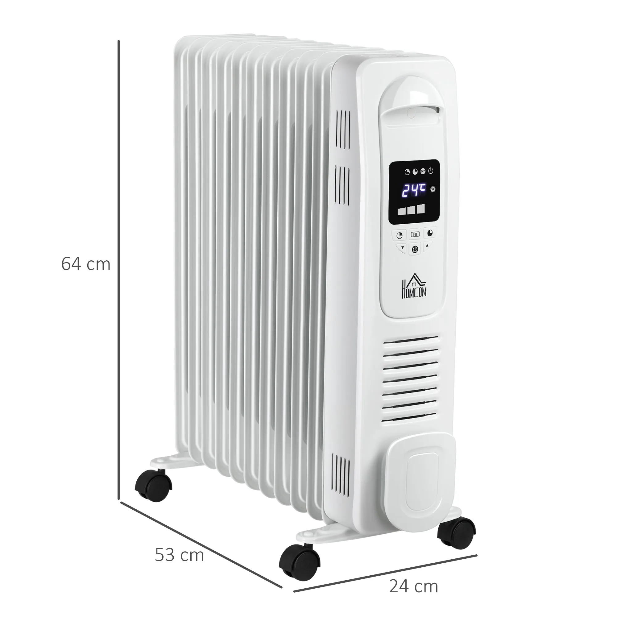 2720W Digital Oil Filled Radiator, 11 Fin, Portable Electric Heater with LED Display, 3 Heat Settings, Safety Cut-Off and Remote Control, White