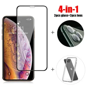 4-in-1 For Glass iPhone 12 Mini 11 Pro Max Tempered Glass SE 2020 SE2 6 7 8 Plus Phone Case Camera Lens Screen Protector Glass