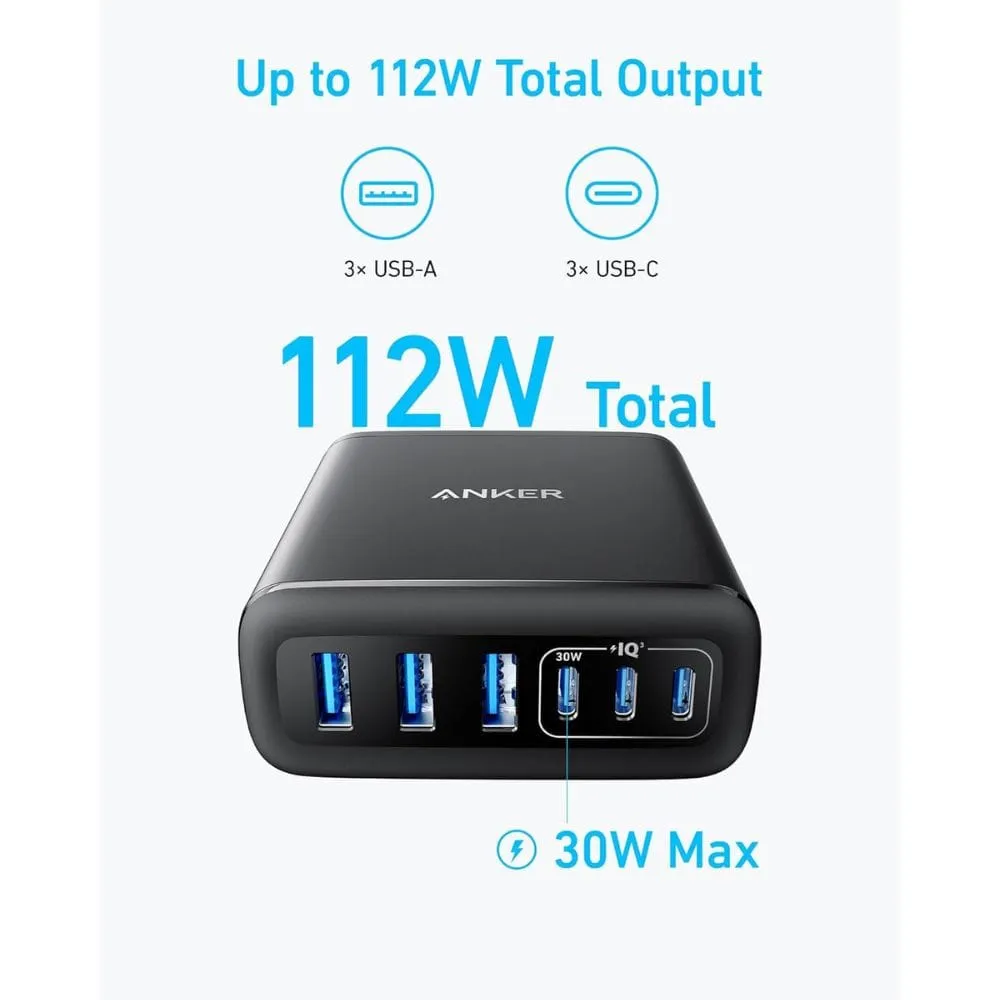 Anker 112W 6-Port Fast Desktop Charger For iPhone, iPad, MacBook, Samsung & More - A2154