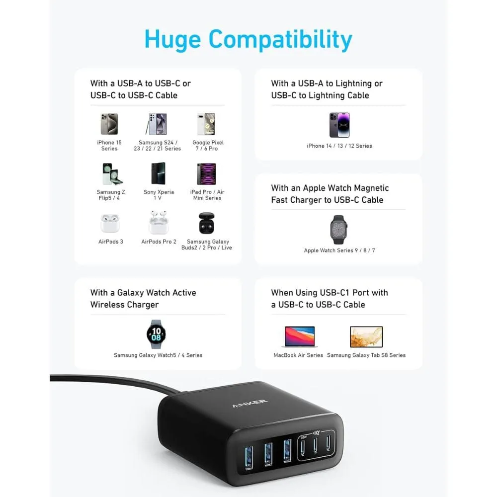 Anker 112W 6-Port Fast Desktop Charger For iPhone, iPad, MacBook, Samsung & More - A2154