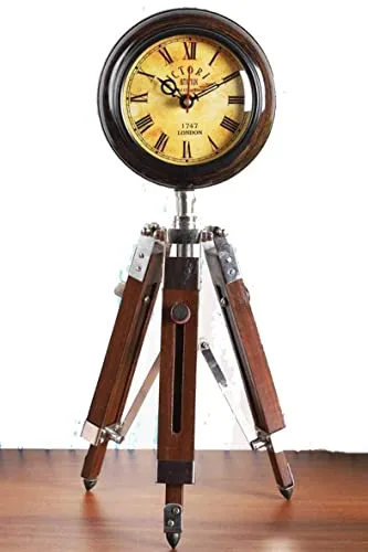 Antique Wooden Tripod Clock Nautical Table Clock Antique Wooden Tripod Nautical Table Clock 5 inch Wooden Table Clock with Adjustable Tripod Stand