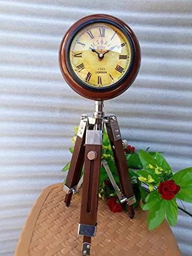 Antique Wooden Tripod Clock Nautical Table Clock Antique Wooden Tripod Nautical Table Clock 5 inch Wooden Table Clock with Adjustable Tripod Stand