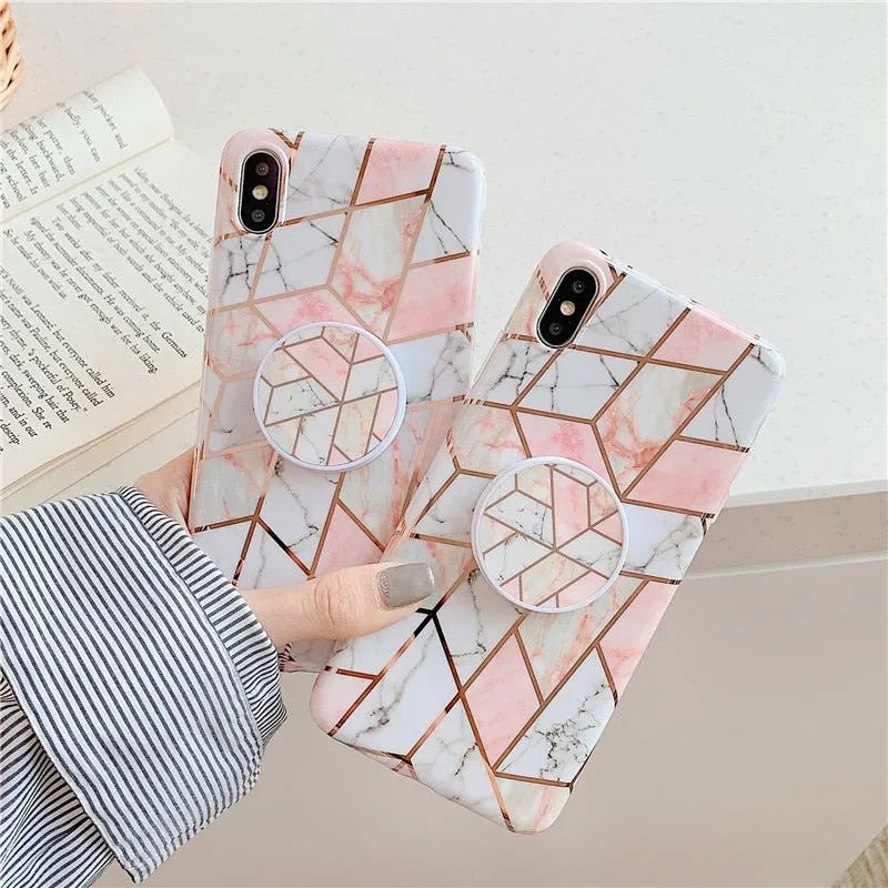 Anymob iPhone Pink Holder Stand Case Back Cover Marble Art Silicone Phone Cover