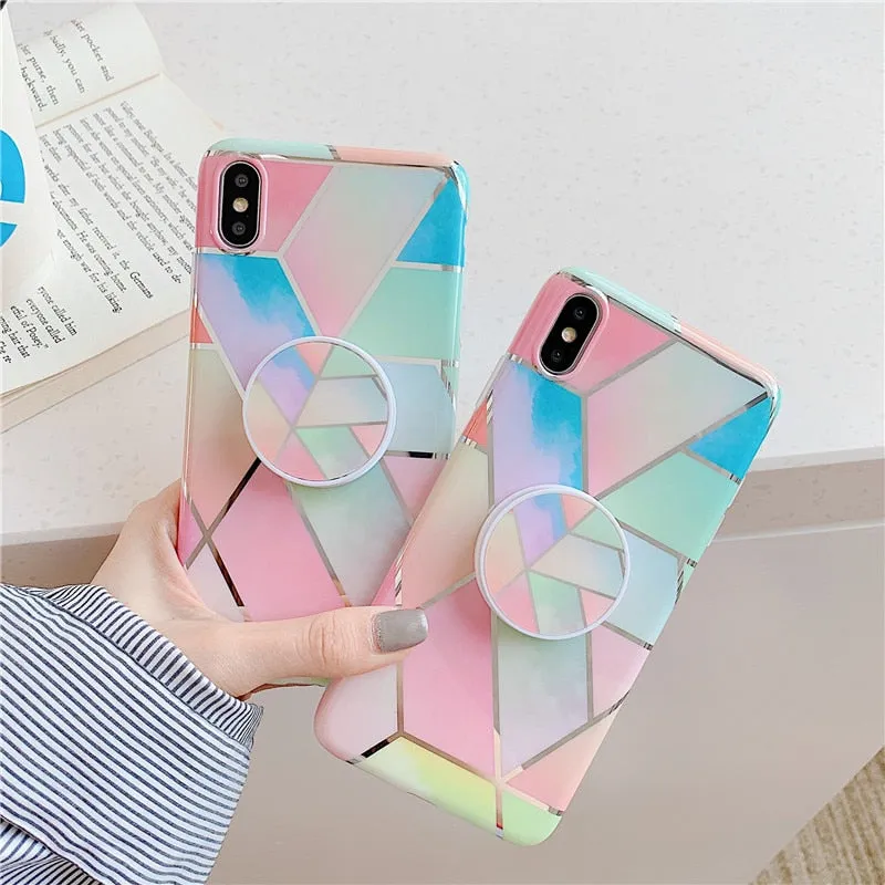 Anymob iPhone Pink Holder Stand Case Back Cover Marble Art Silicone Phone Cover