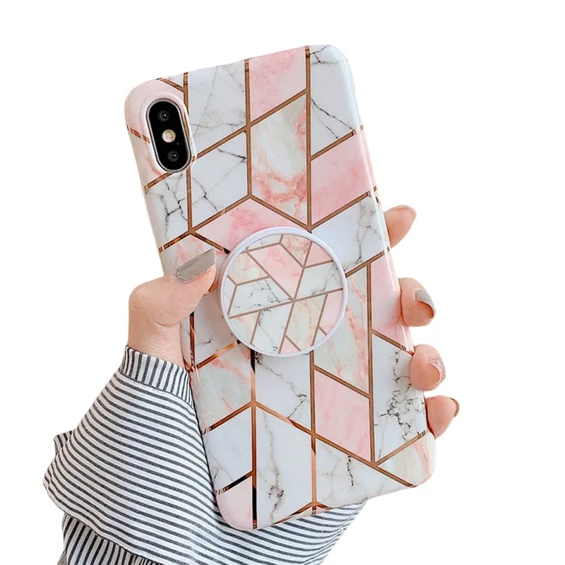 Anymob iPhone Pink Holder Stand Case Back Cover Marble Art Silicone Phone Cover