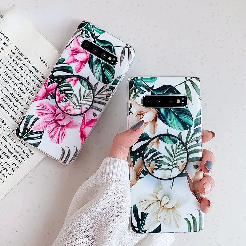 Anymob Samsung Case Green Floral Design Art Leaf Flower Silicon With Holder Stand Phone Cover